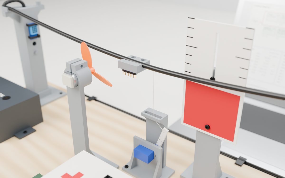 Close-up of the demo power line: a fan blowing on the cable, a motion sensor clipped under it, a servo pulling a thread to show sag, and a clearance scale with a red danger zone.